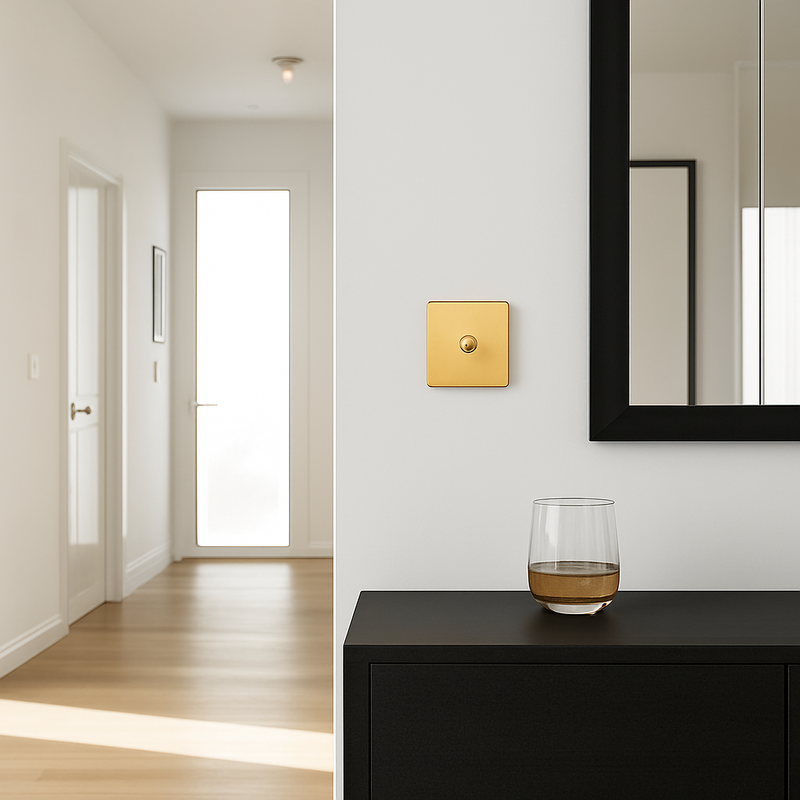 Prise électrique double en acier doré brossé et bords arrondis