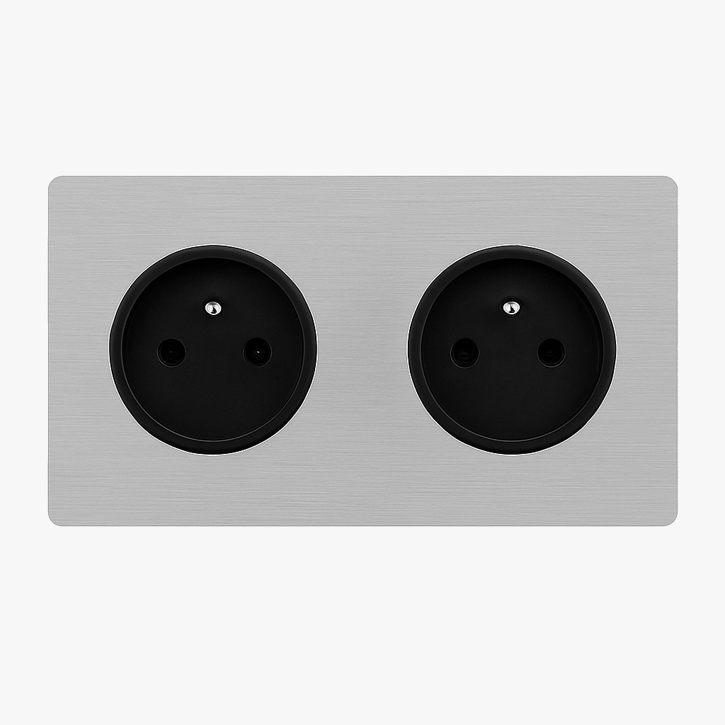 Prise électrique double en acier gris clair brossé bords arrondis
