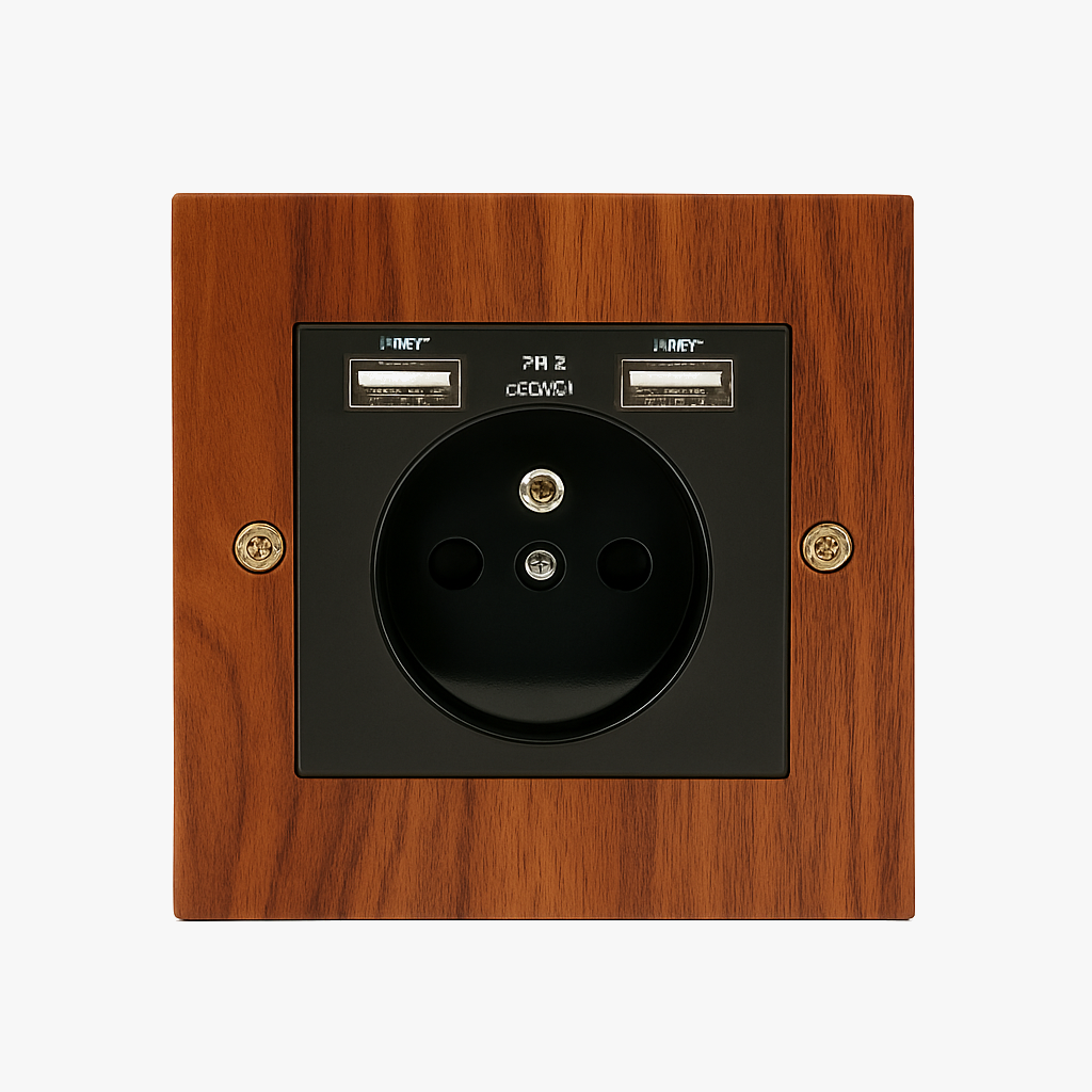 Prise électrique et double USB en bois et vis dorées