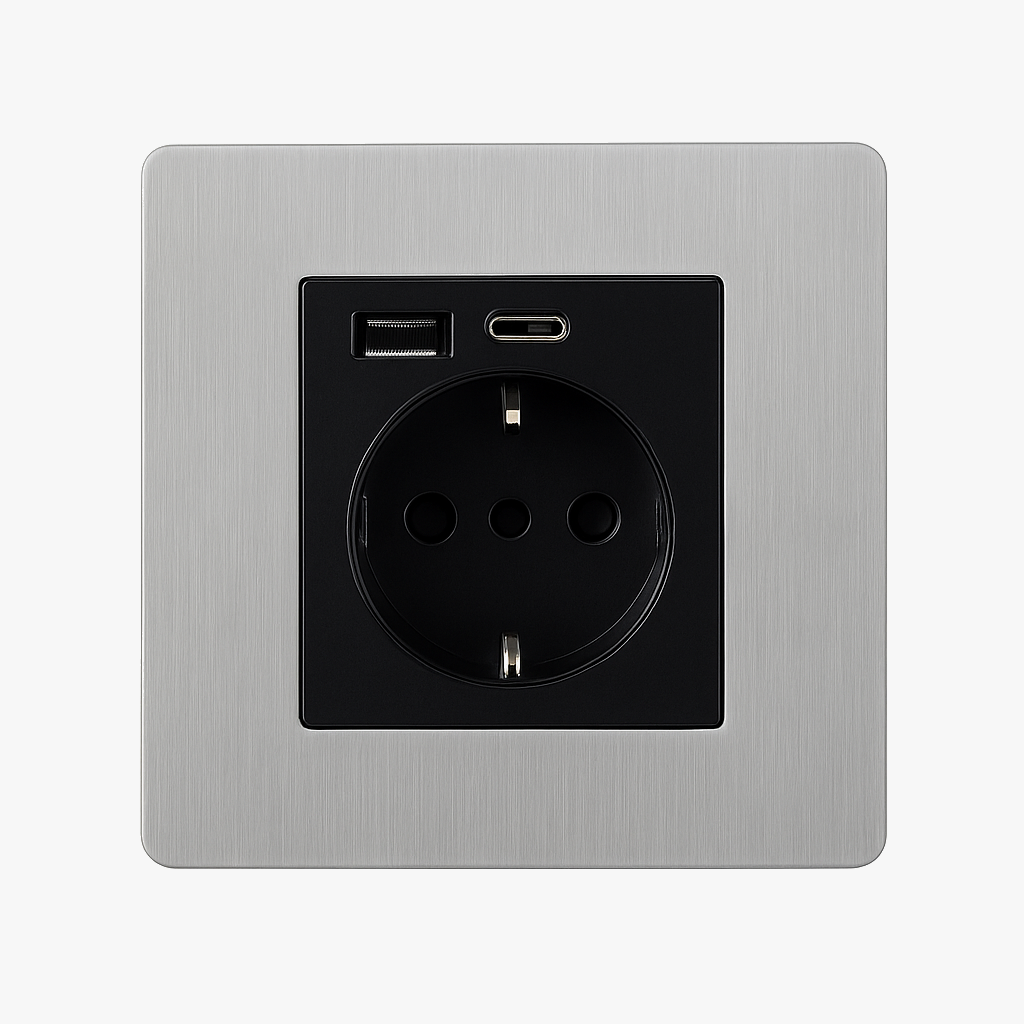 Prise électrique et double USB et USB type C en acier gris clair brossé bords arrondis