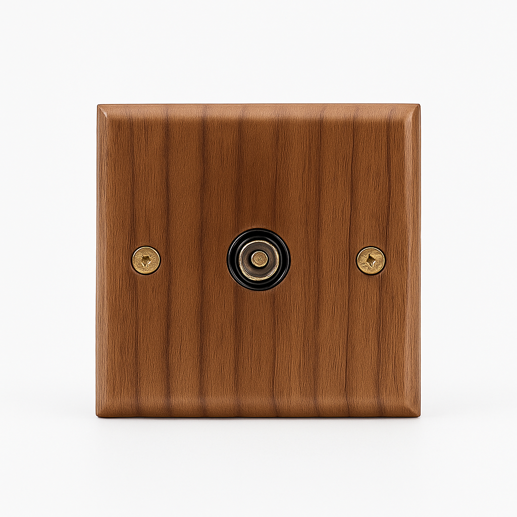 Prise TV en bois et vis dorées