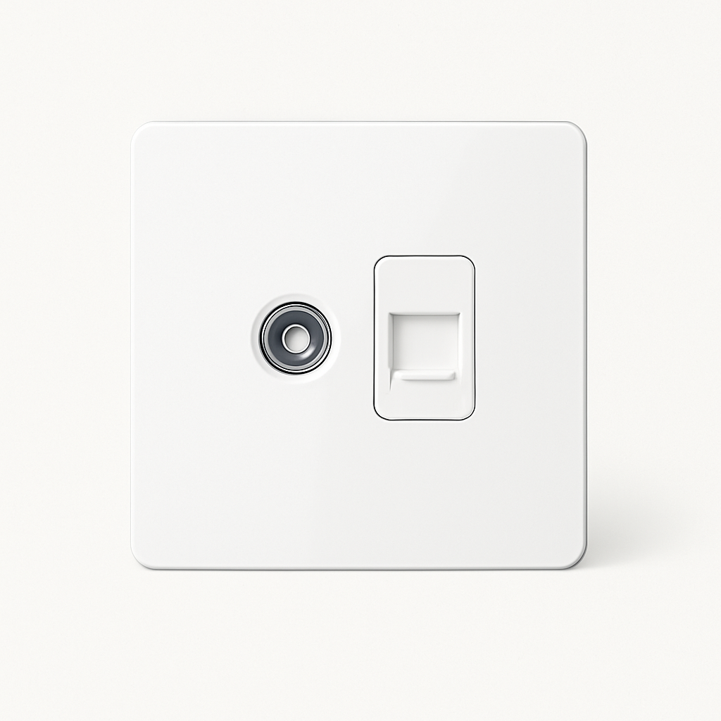 Prise TV et RJ45 en acier blanc mat bords arrondis
