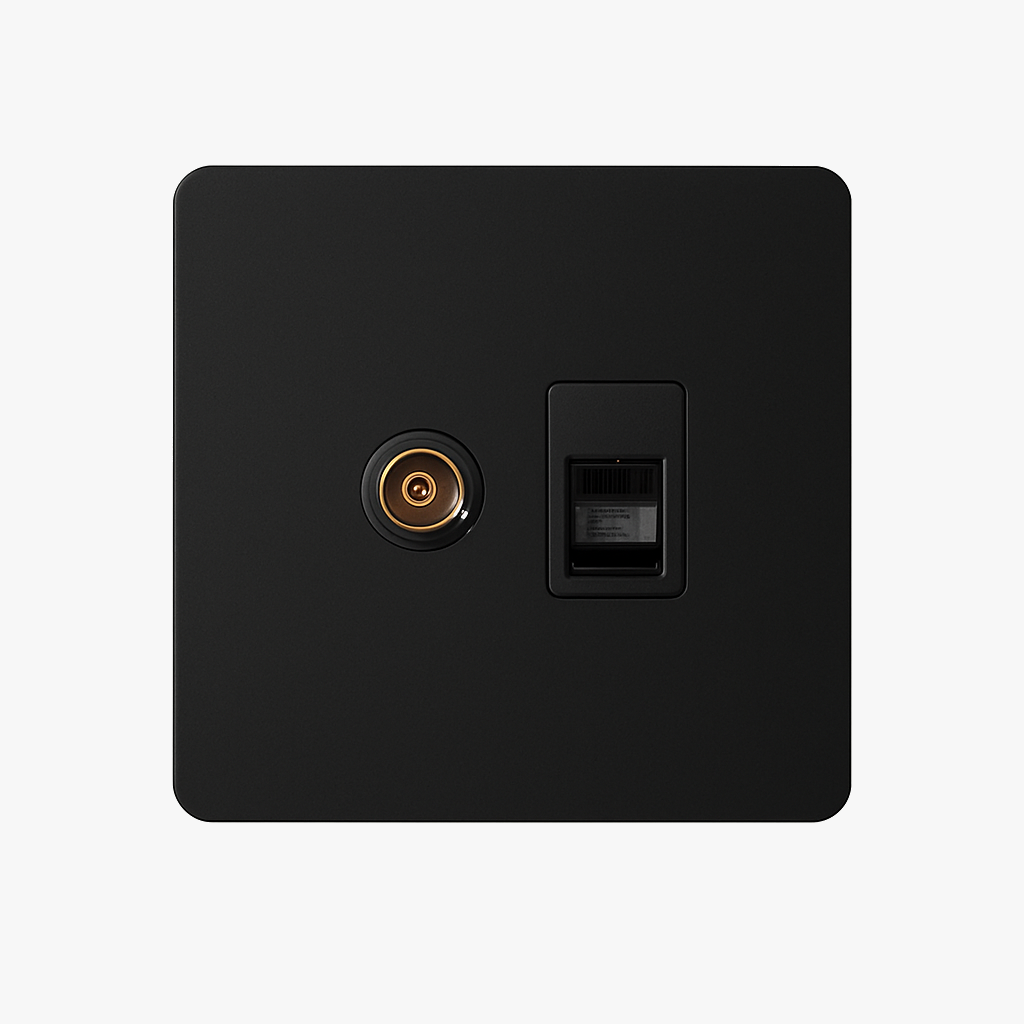 Prise TV et RJ45 en acier noir mat bords arrondis