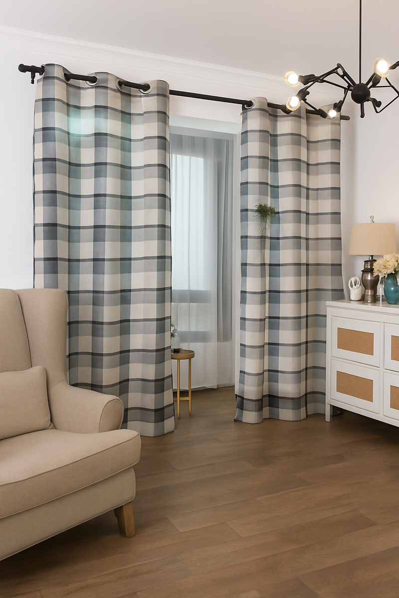 rideau transparent beige motif carreaux retro