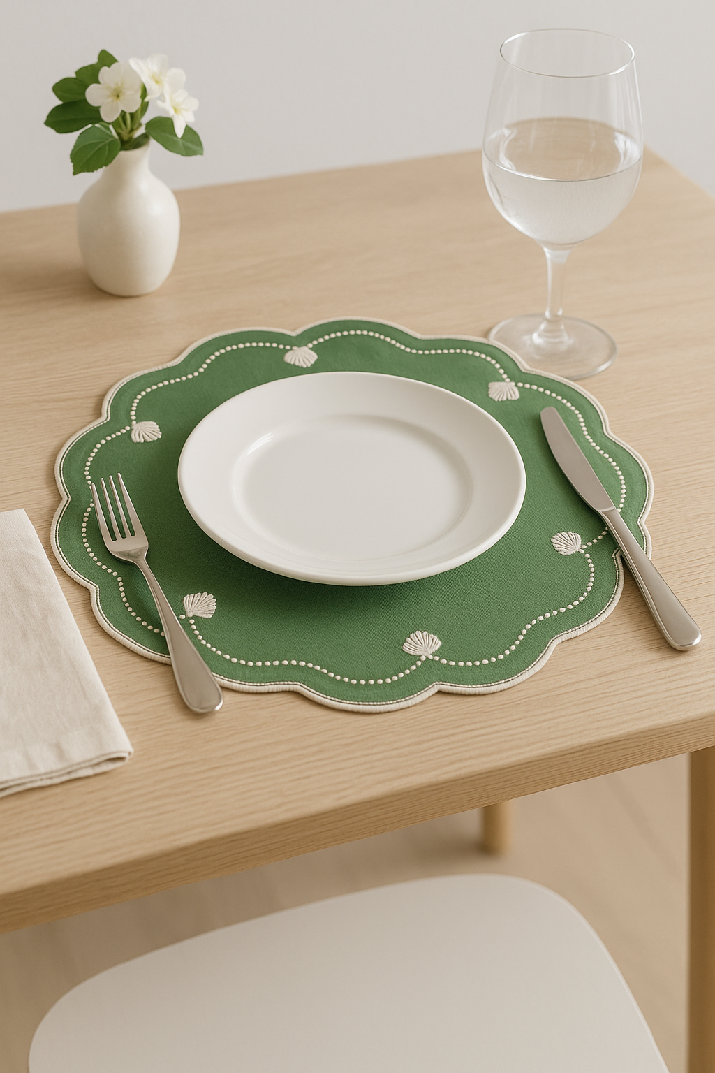 Set de table brodé vintage coton bords ondulés