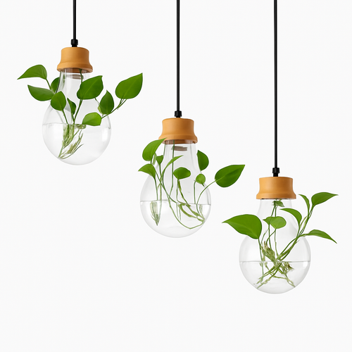 Suspension bocal en verre à fleur et support en bois