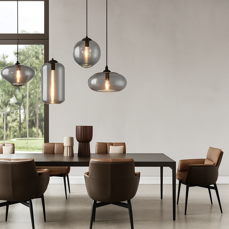 Suspension design LED aux formes arrondies en verre avec ampoule industrielle