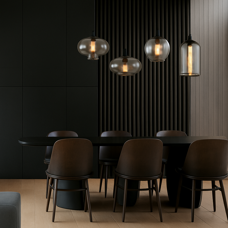 Suspension design LED aux formes arrondies en verre avec ampoule industrielle