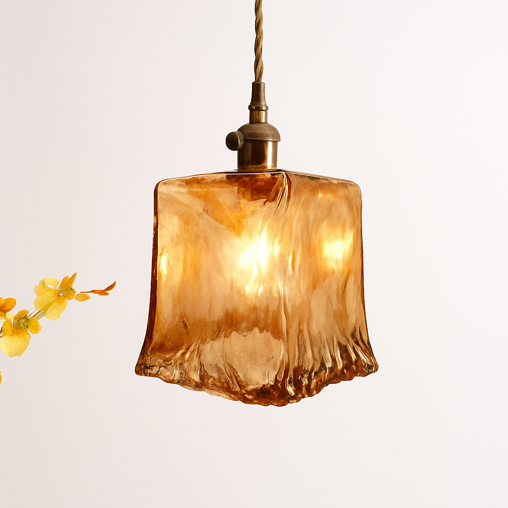 Suspension design à LED avec abat-jour en verre ambré Rétro - vue 7 sur 15