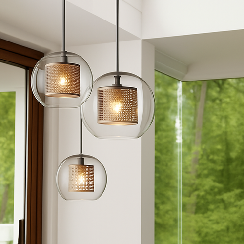 Suspension design LED avec abat-jour industriel et boule en verre Loft