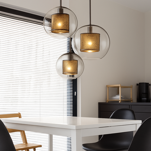 Suspension design LED avec abat-jour industriel et boule en verre Loft