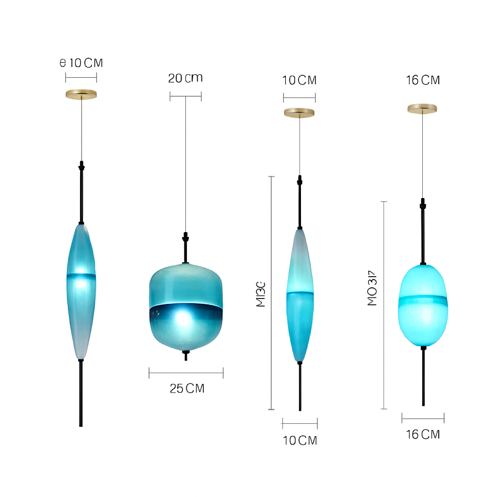Suspension design LED en verre bleu de plusieurs formes - vue 5 sur 15