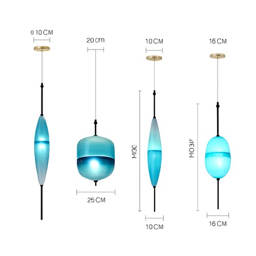 Suspension design LED en verre bleu de plusieurs formes