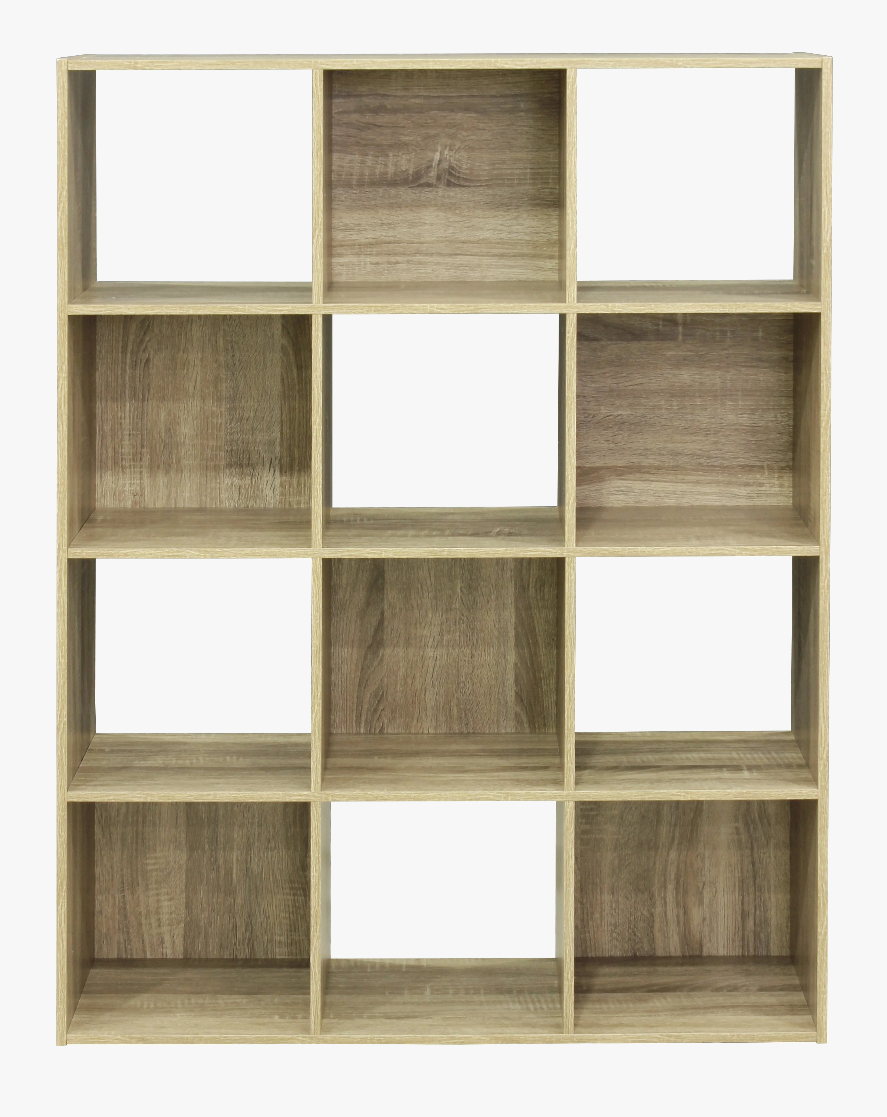 étagère ouverte en bois avec 12 cubes de rangement en chêne