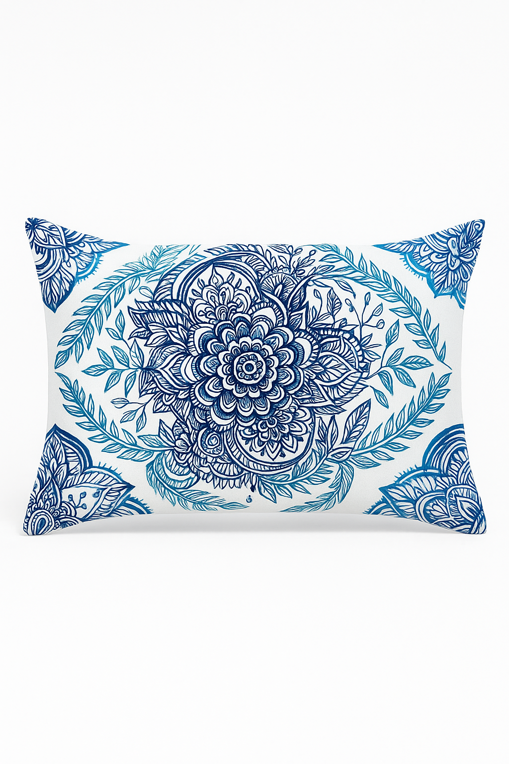 taie d'oreiller rectangulaire à motif fleurs et feuilles bleues