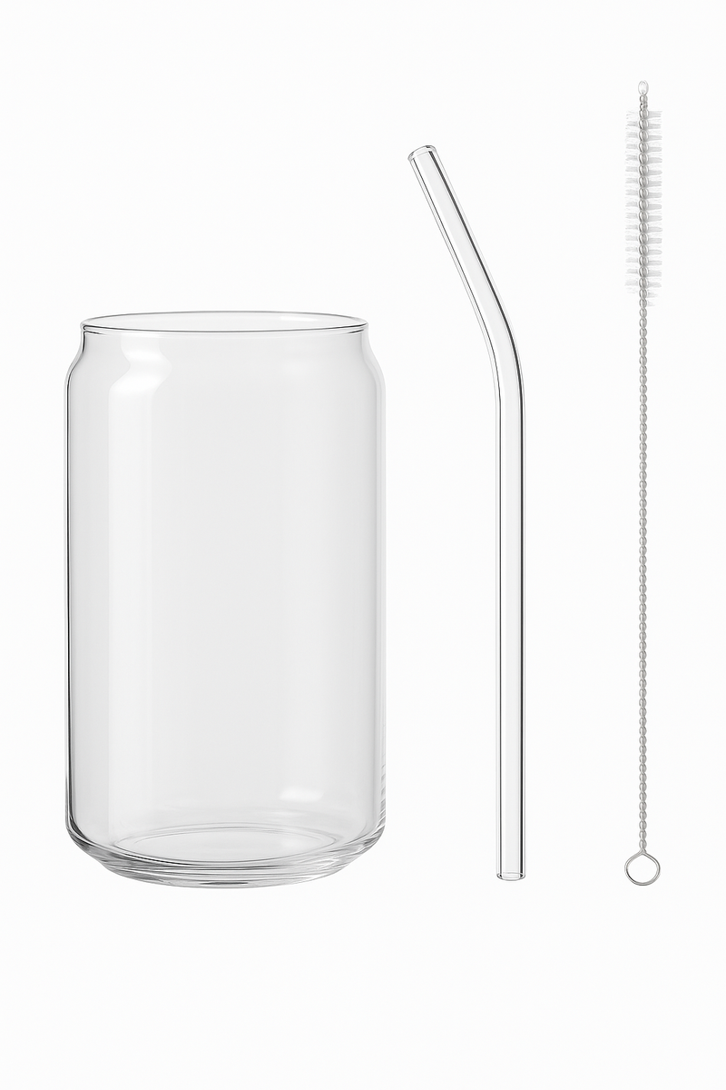 Tasse verre canette couvercle bambou paille borosilicate