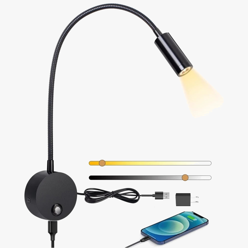 Topoch lampe de lecture LED murale 15 "col de cygne avec Port USB prise tête de lit lampe de nuit 3 couleurs tactile marche/arrêt/gradation