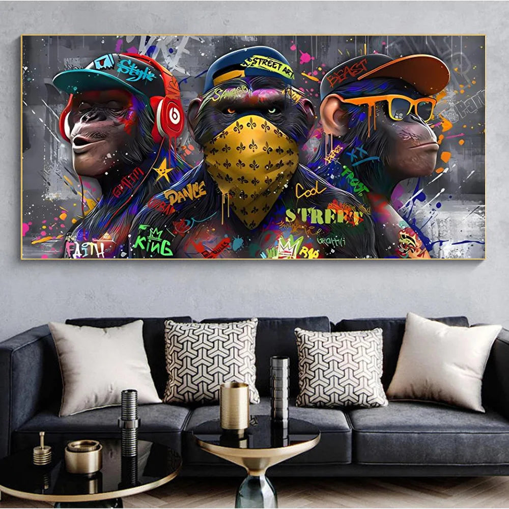 trois orangs-outans graffiti art mural décoration singe musique