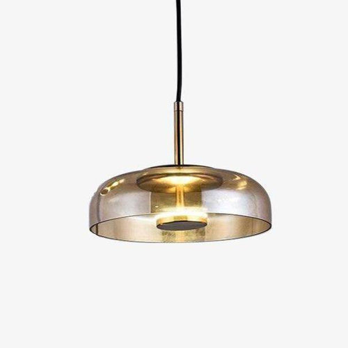 Suspension design en verre fumé et tige dorée Amber