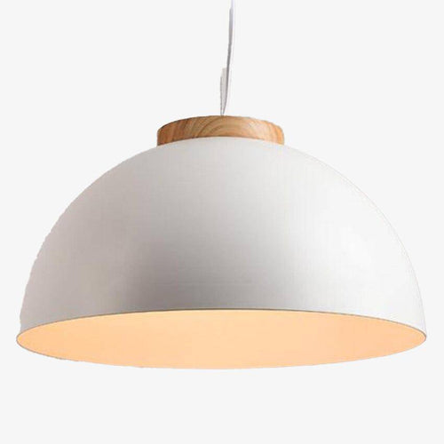 Suspension demi boule blanche en métal et base en bois