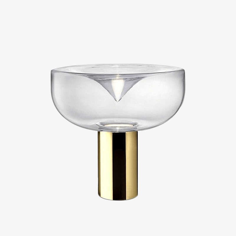 Lampe à poser design LED avec abat-jour arrondi et cylindre doré