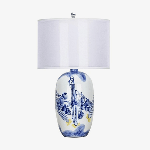 Lampe à poser LED en céramique blanc et bleu avec abat-jour style Japonais