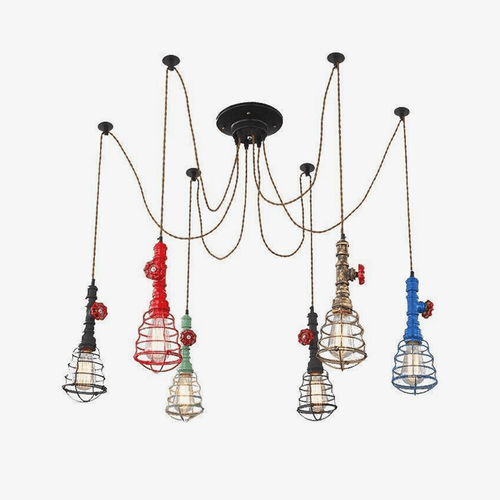 Lustre industriel LED avec plusieurs abat-jours cage en métal coloré