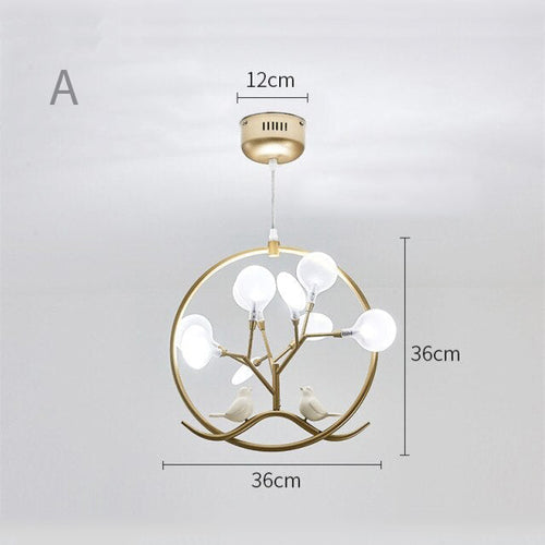 Lustre moderne avec arbre et oiseaux dans anneau Rhym