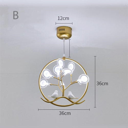 Lustre moderne avec arbre et oiseaux dans anneau Rhym