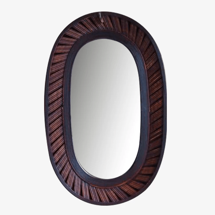 Miroir mural décoratif long ovale en bambou marron foncé