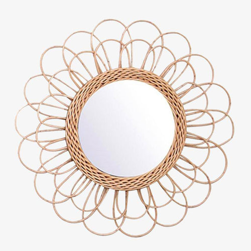 Miroir mural décoratif rond à pétale de fleur en rotin