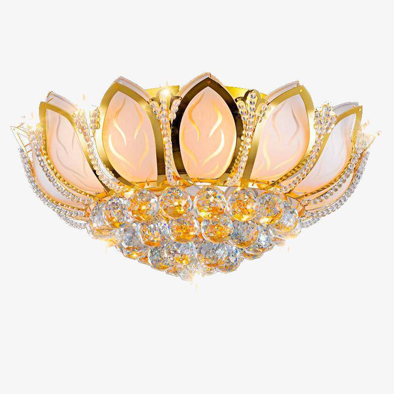 Plafonnier antique doré en verre et cristal Lotus Flower