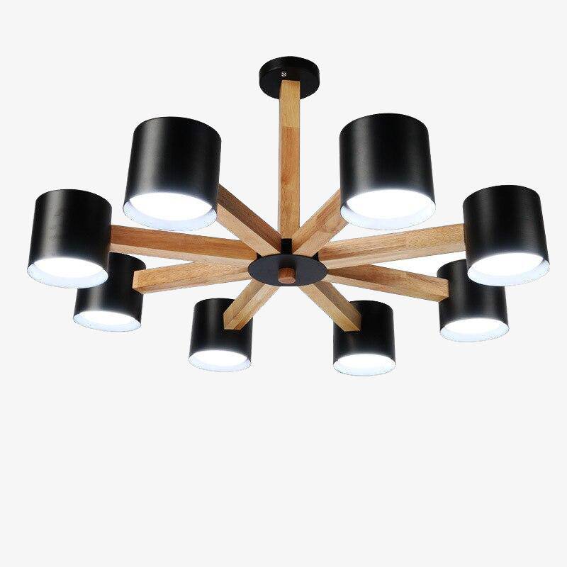 Plafonnier en bois avec plusieurs spots colorés cylindriques