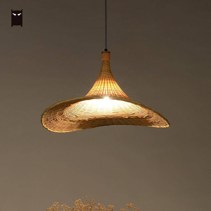 Lustre design en rotin LED avec abat-jour chapeau