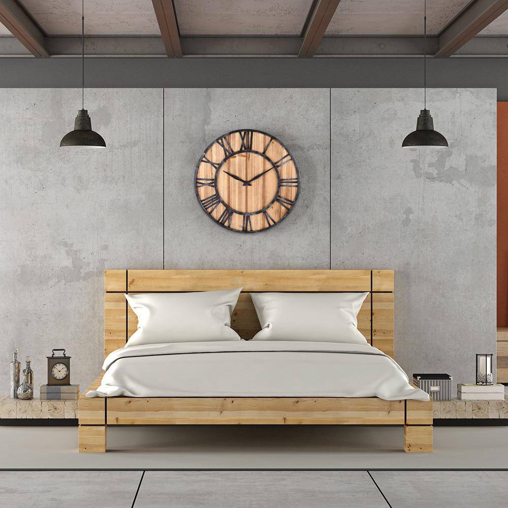 Horloge murale ronde en bois et métal avec chiffres romain style industriel 40cm - vue 3 sur 6