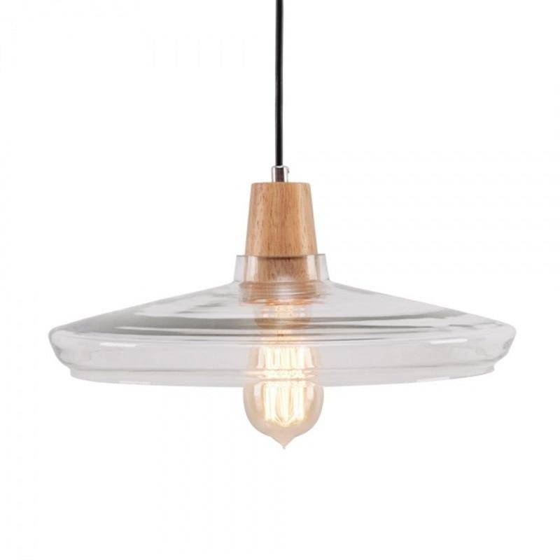 Suspension LED en verre conique et support en bois Vintage