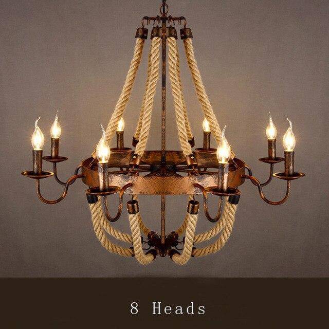 Lustre rustique en métal et cordages avec lampes en flamme - vue 7 sur 7