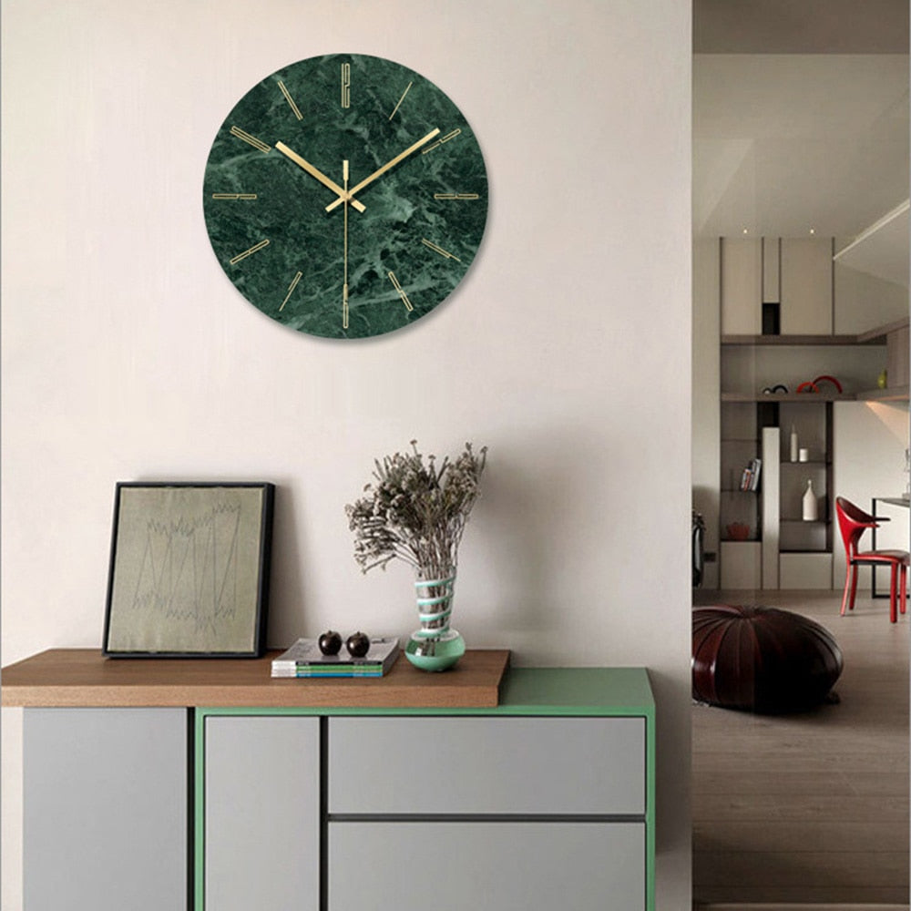 Horloge murale ronde design en verre style marbre vert et détails dorés 30cm - vue 3 sur 8