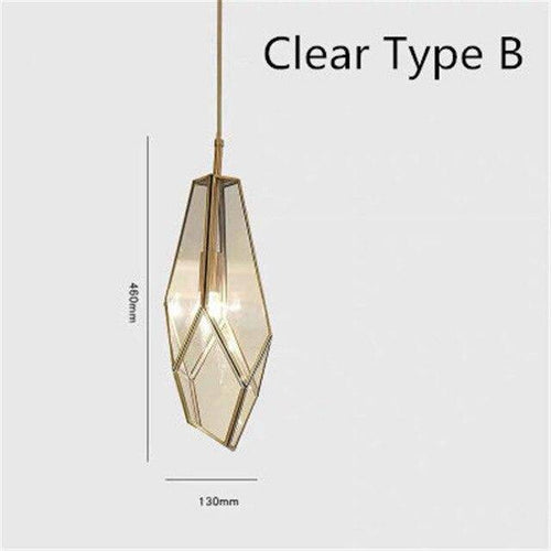 Suspension design dorée en métal et verre de plusieurs formes