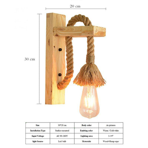 Applique murale rustique LED en bois avec cordage rétro