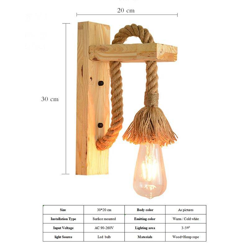 Applique murale rustique LED en bois avec cordage rétro - vue 3 sur 5