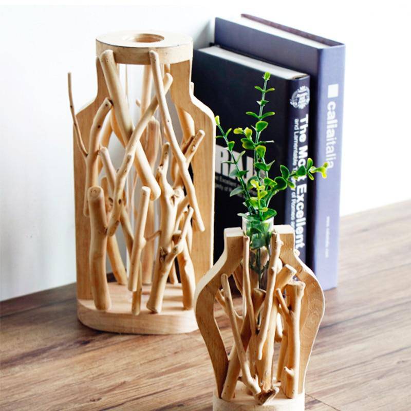 Vase design en verre avec socle en bois style Hydro