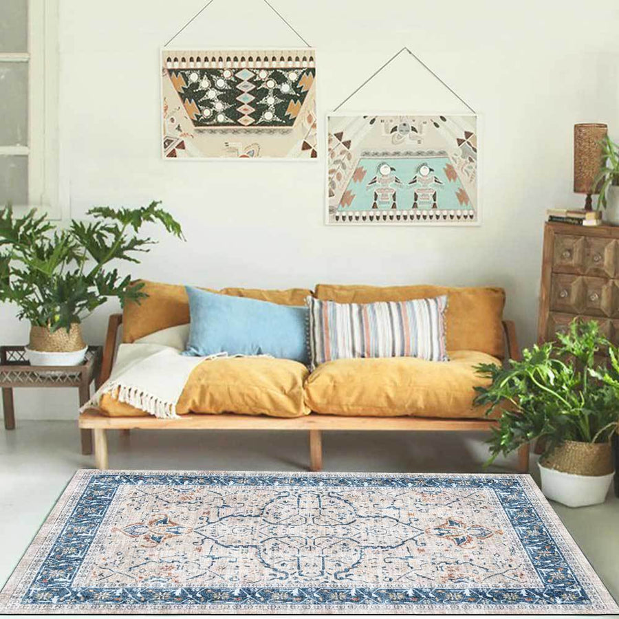 Tapis persan au style vintage bleu et gris Persy D