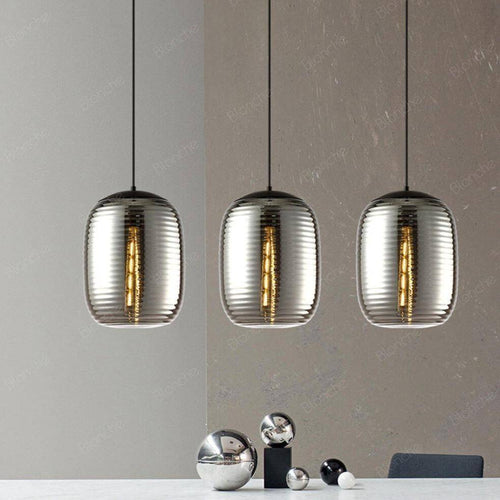 Suspension design LED en verre oval à traits et métal industriel