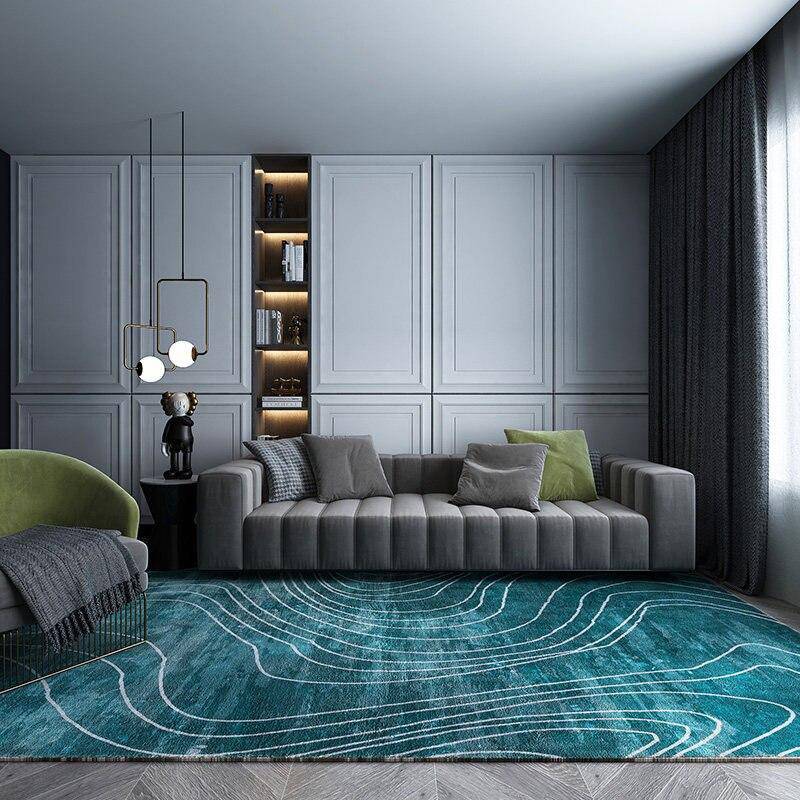 Tapis rectangle vert aux rayures blanches style Shen - vue 3 sur 3