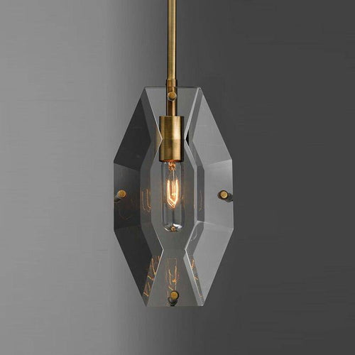 Suspension design LED avec verre en forme de crystal et tige dorée Loft