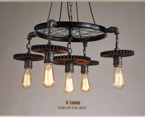 Lustre rétro LED avec ampoules Edison et engrenages industriels - vue 5 sur 6