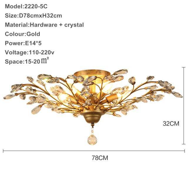 Lustre LED en cristal doré à feuilles
