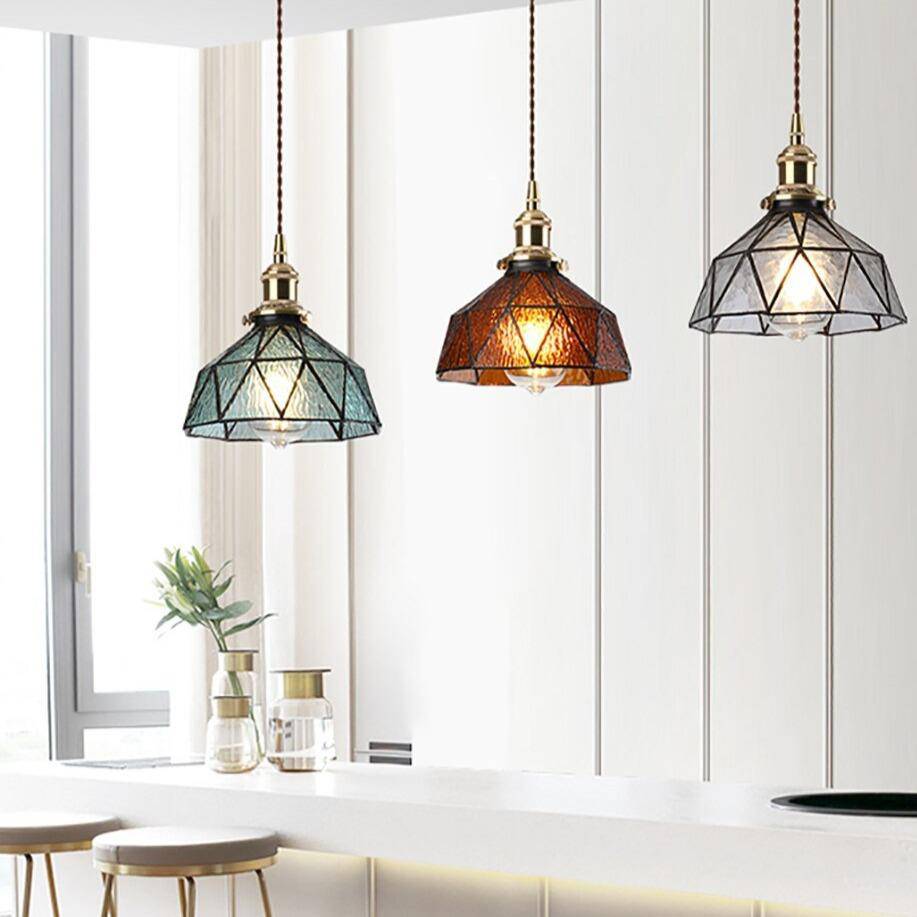 Suspension design à LED avec abat-jour en verre coloré rétro Loft - vue 3 sur 12
