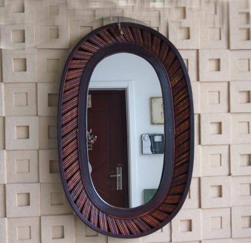 Miroir mural décoratif long ovale en bambou marron foncé - vue 3 sur 4